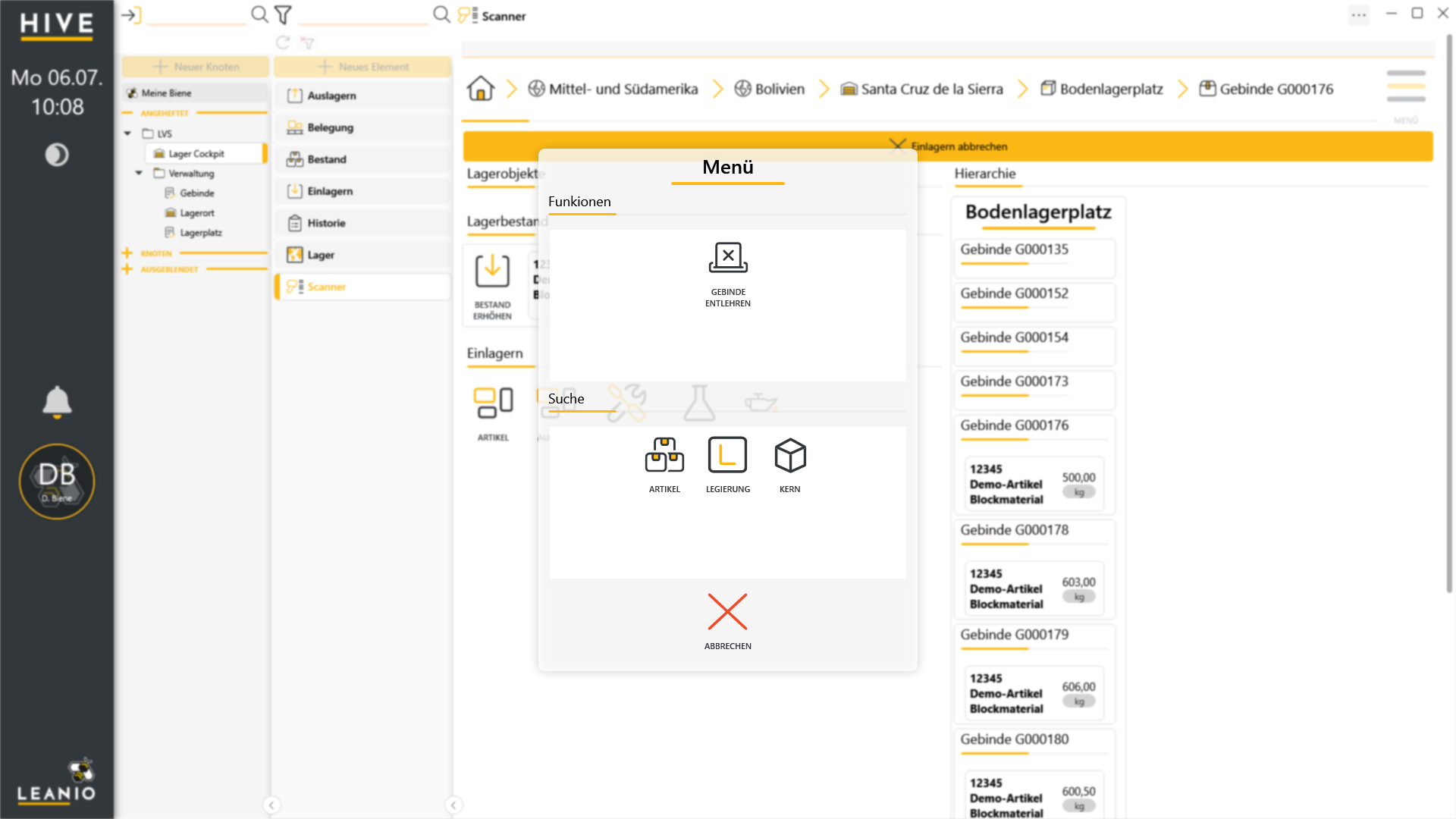 LEANIO Lagerverwaltung: logistik Menu 1